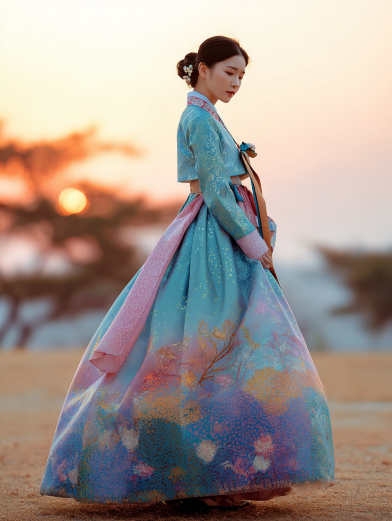 a woman wearing hanbok in sunset park