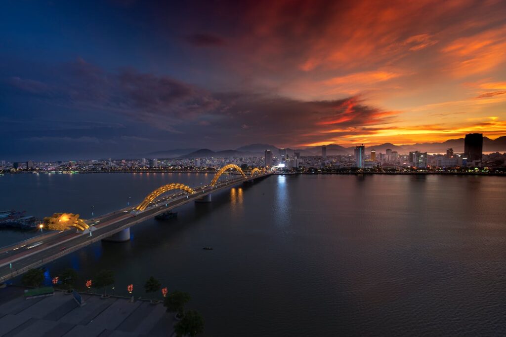 Sunset and bridge across Han River, Seoul, Korea