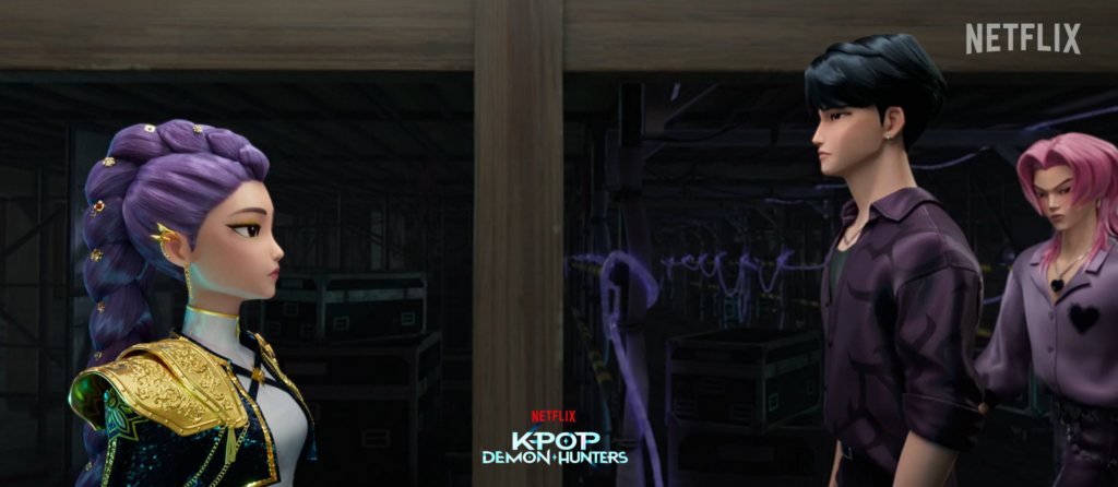 Sajaboys in K-Pop Demon Hunters passing by Huntr/x Rumi