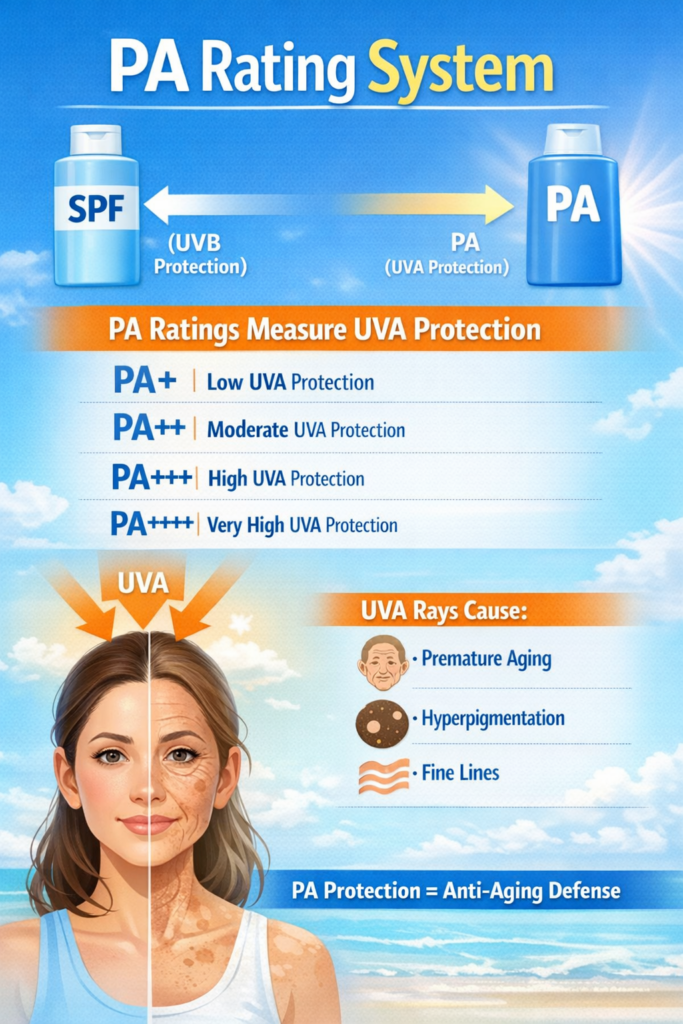 An infographic on PA Rating System and PA Ratings Measure UVA Protection and symtomps that UVA Rays Cause