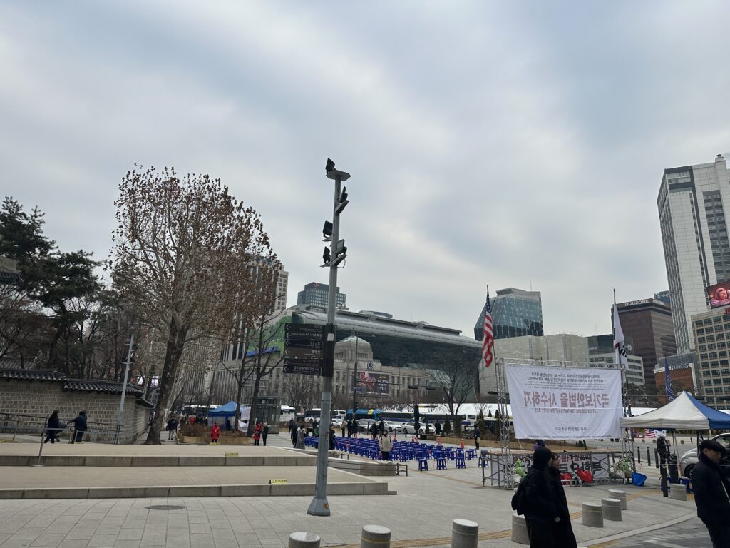 Bus station in Seoul, cloudy weather in January, 2026