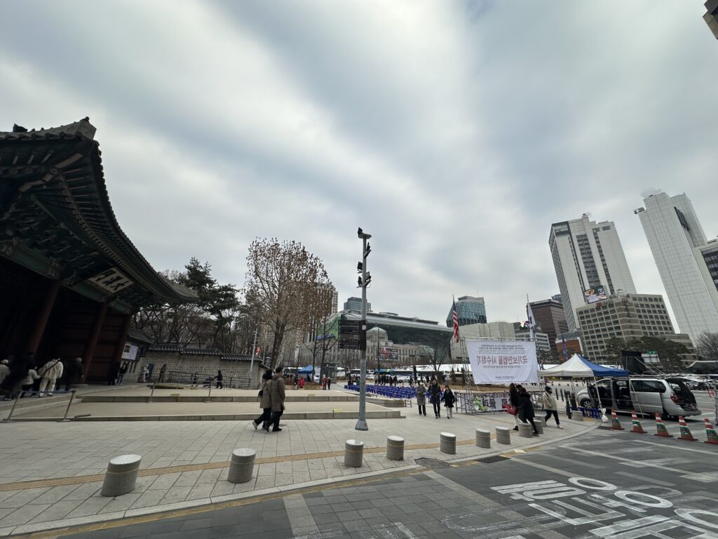 Bus station in Seoul, cloudy weather in January, 2026
