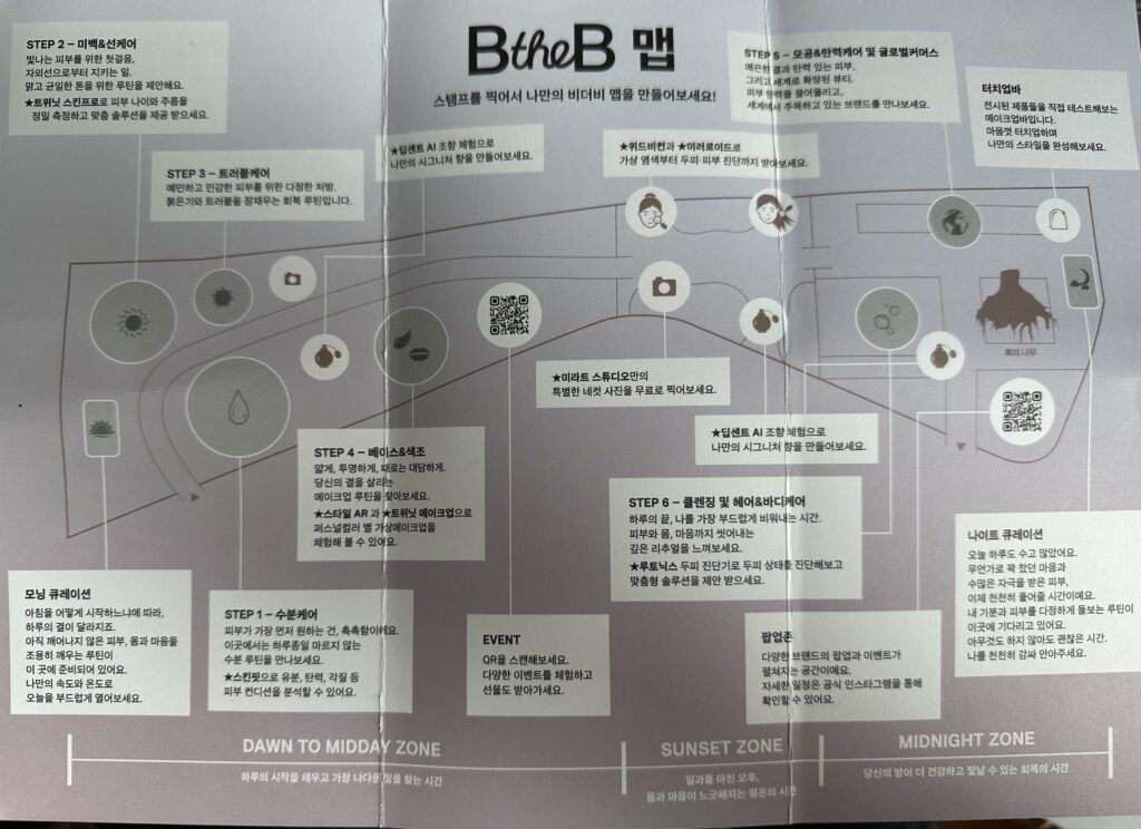 BtheB Map showing various QR zones for certain missions inspired by korean skin care routine in Korean -B the B at DDP Seoul: Ultimate K-Beauty Pop-Up Experience Guide 2026 | Korean Beauty Event
