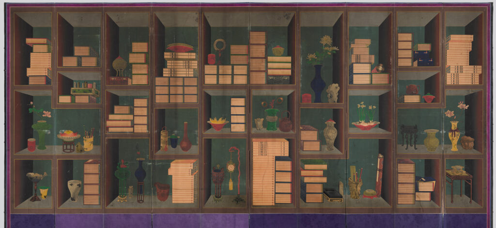 Korea Folk Painting - Chaekgado paintings emerged in the late 18th century under the patronage of King Jeongjo, a bibliophile who promoted learning. These trompe-l'oeil paintings depicted bookshelves laden with scholarly objects, exotic luxuries, and symbolic items.