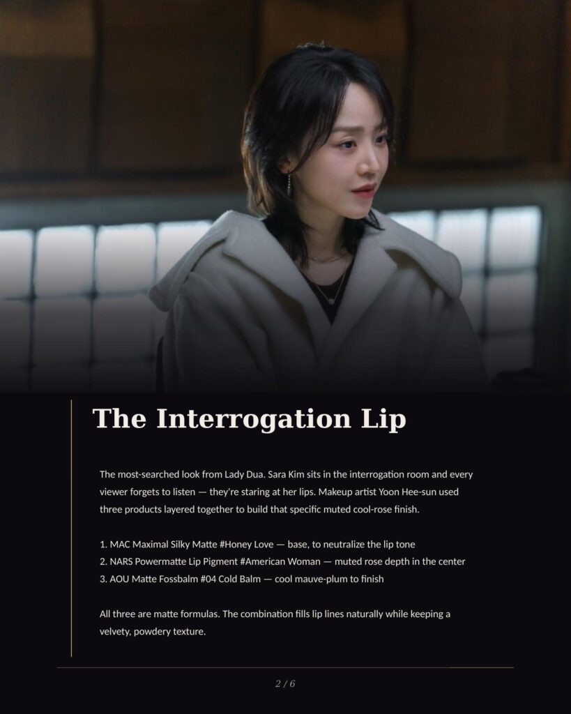 Sara Kim in oversized cream coat during interrogation scene, Lady Dua Netflix — the most-searched lip look