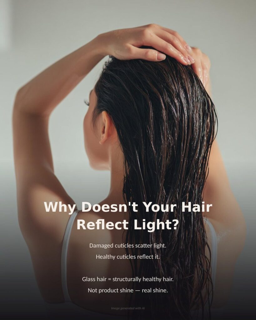 Back view of woman running hand through wet dark hair after washing, showing hair care routine step for glass hair (AI-generated)