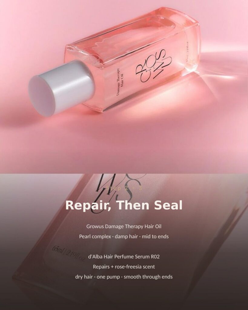 Growus Damage Therapy Hair Oil in pink glass bottle on pink surface, Korean pearl complex hair oil for reflective shine