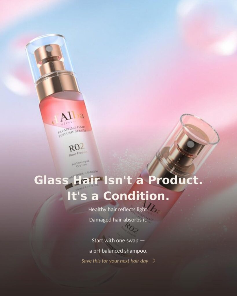 Two d'Alba Repairing Hair Perfume Serum R02 Rose Freesia bottles on pink-blue gradient background, Korean finishing hair serum