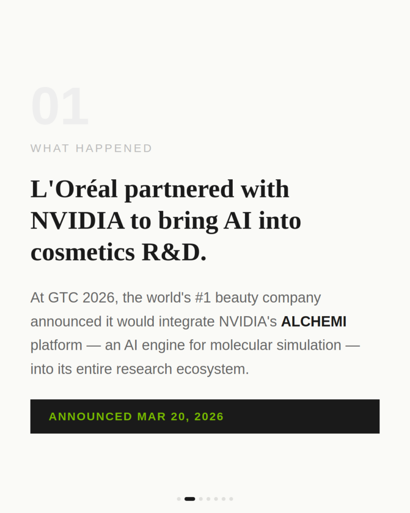Text slide explaining L'Oréal's integration of NVIDIA's ALCHEMI platform for AI-driven cosmetics R&D, announced March 2026