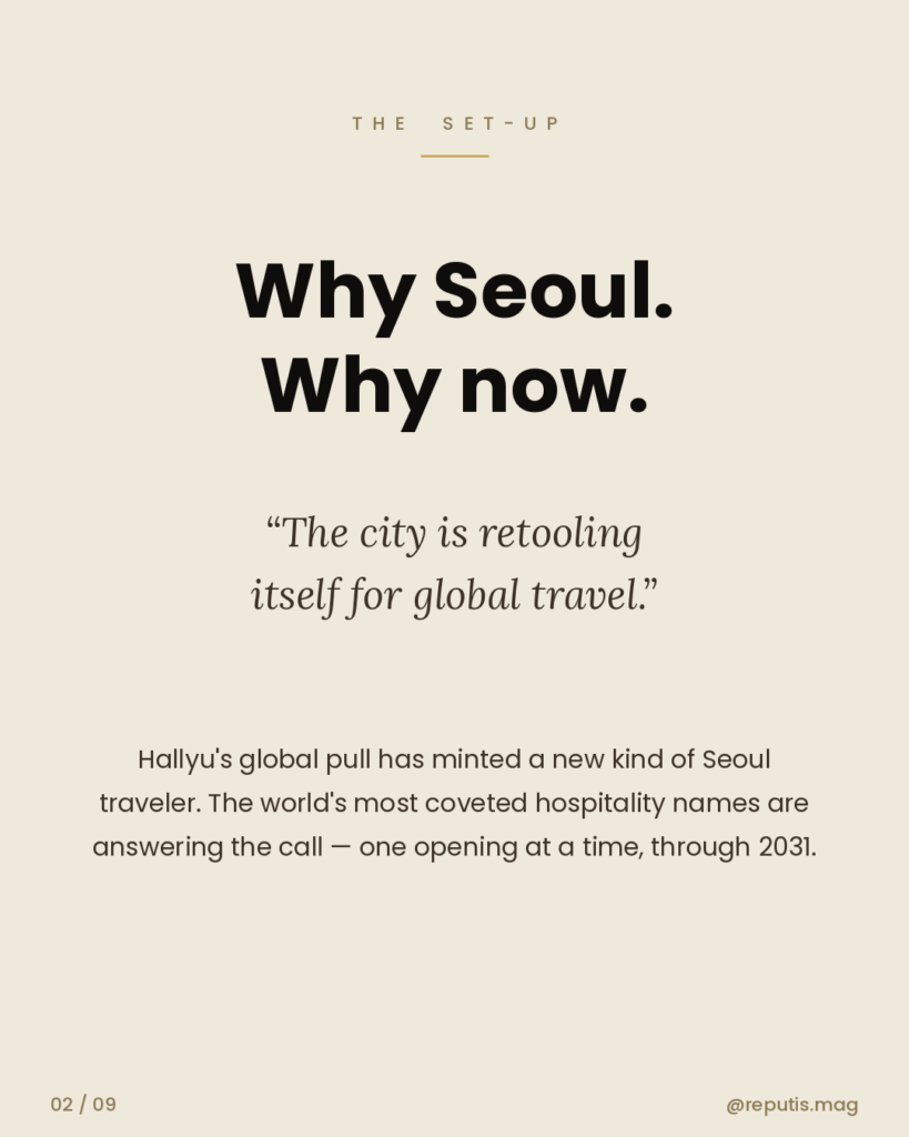 Cream background editorial spread. Eyebrow in muted gold: 'THE SET-UP'. Large black sans-serif headline: 'Why Seoul. Why now.' Italic pull quote in warm brown: 'The city is retooling itself for global travel.' Body paragraph below: 'Hallyu's global pull has minted a new kind of Seoul traveler. The world's most coveted hospitality names are answering the call — one opening at a time, through 2031.'