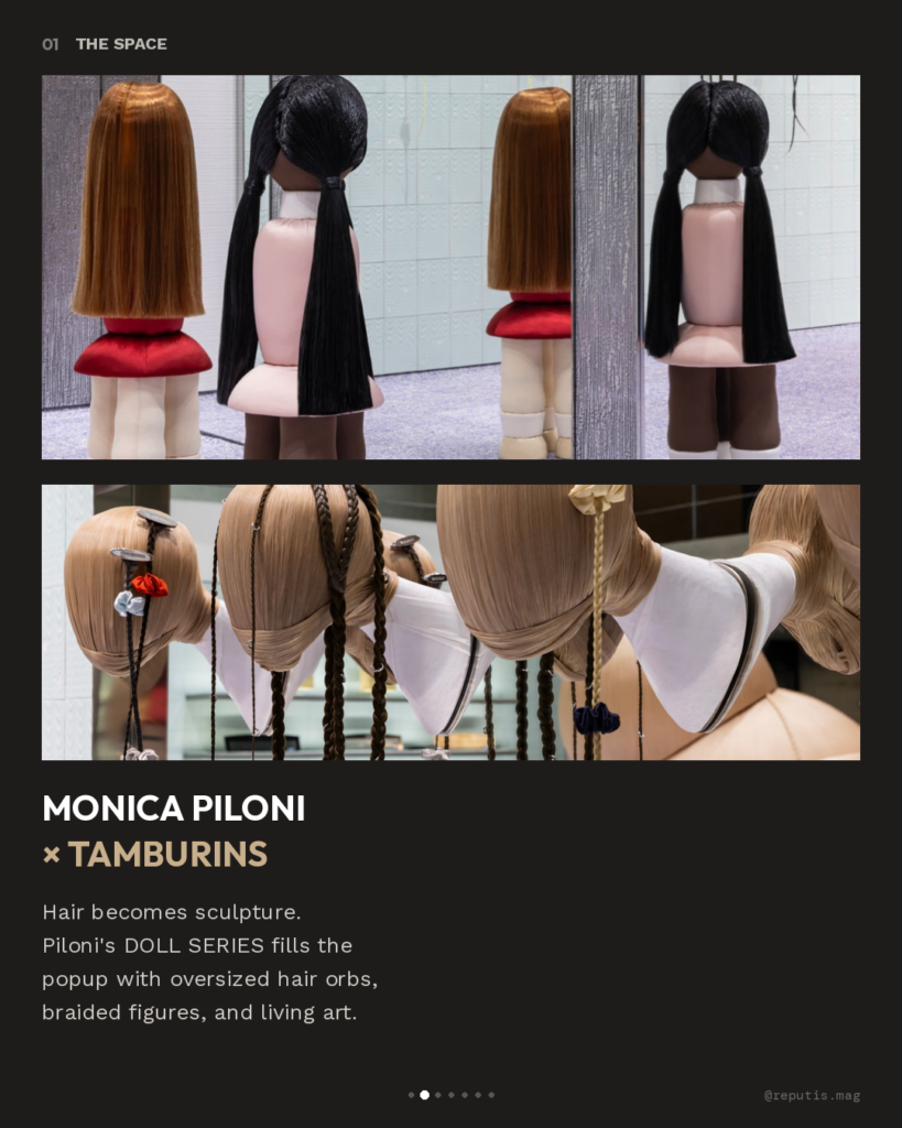 Two photos showing Monica Piloni's DOLL SERIES — life-sized figures with flowing hair in different colors standing before mirrors, and close-up of braided hair sculptures with colorful scrunchies.