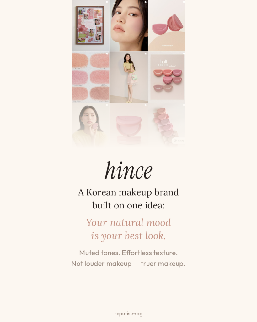 hince cosmetics product lineup including Half Moon Cheek blush and lip products in signature muted pink tones
