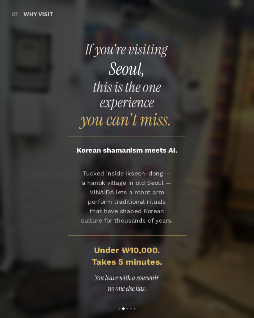 Blurred photo of VINAIDA Seoul's banner in background with bold white italic text reading "If you're visiting Seoul, this is the one experience you can't miss." Details about location (Ikseon-dong) and pricing (under ₩10,000).