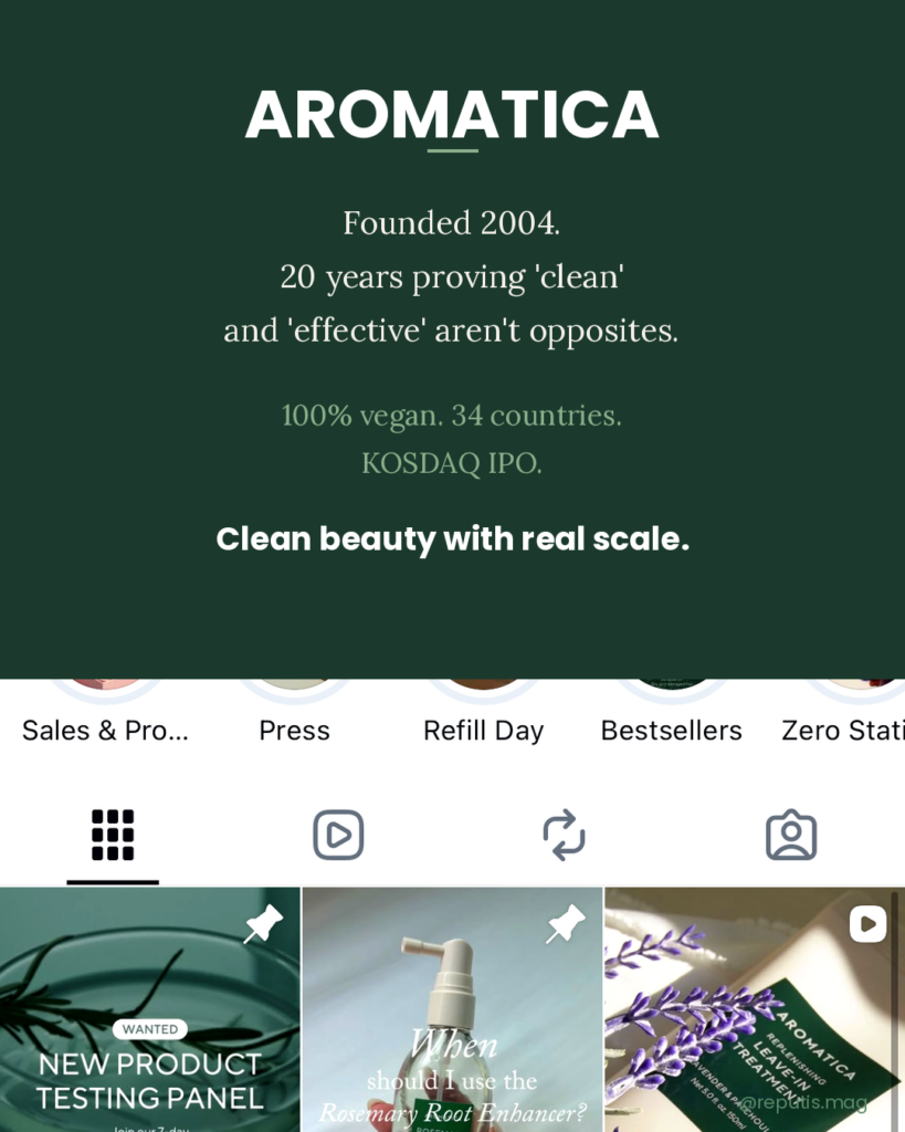 "Aromatica brand slide with dark forest green background. Text reads 'AROMATICA — Founded 2004. 20 years proving clean and effective aren't opposites. 100% vegan. 34 countries. KOSDAQ IPO. Clean beauty with real scale.' Bottom half shows vivid photos from aromatica.global Instagram — green product bottles, rosemary ingredients, and lavender-themed packaging."