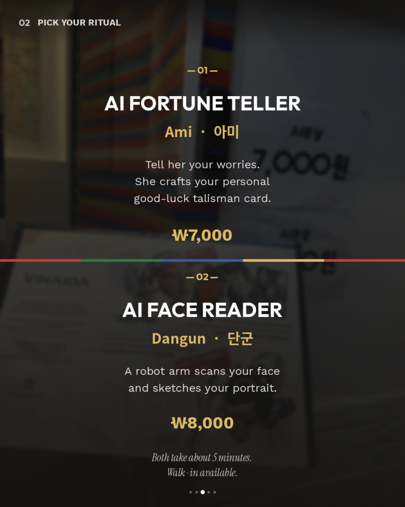 Close-up of VINAIDA Seoul's information board darkened for legibility. Two numbered sections describing the AI Fortune Teller 'Ami' (₩7,000) and AI Face Reader 'Dangun' (₩8,000) experiences.