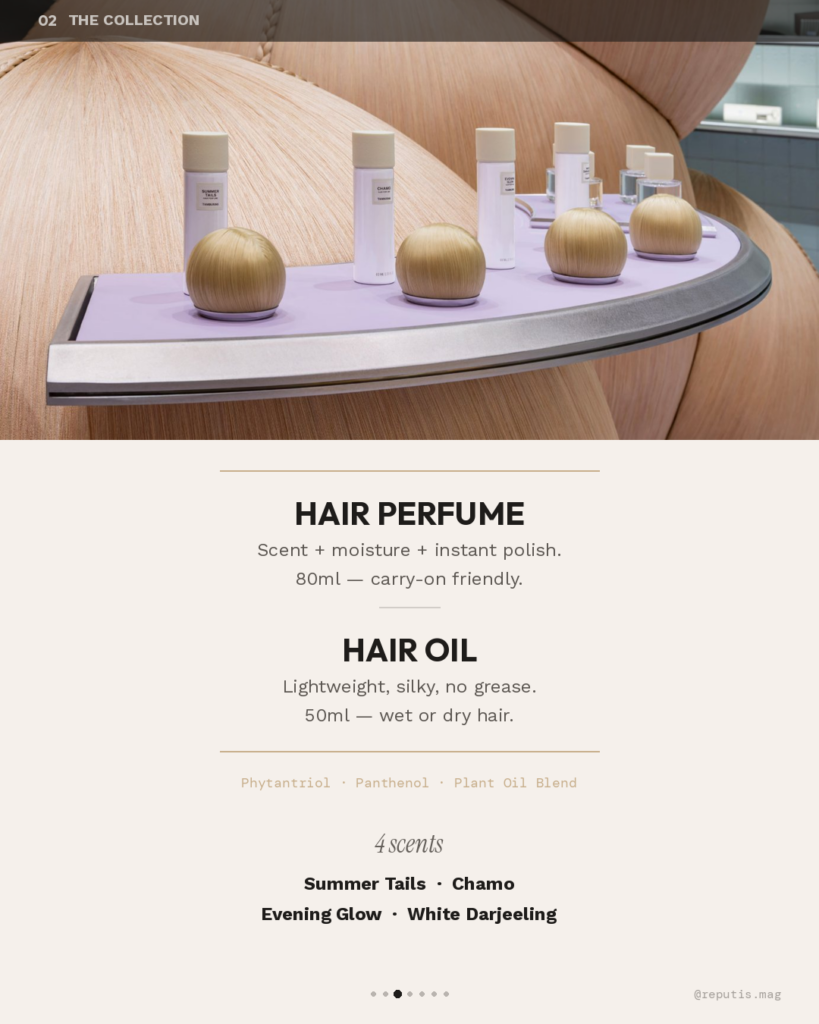 Close-up of Tamburins Hair Perfume and Hair Oil bottles displayed on lavender shelves between golden hair orbs. Product descriptions for Hair Perfume (80ml) and Hair Oil (50ml) with 4 available scents listed.