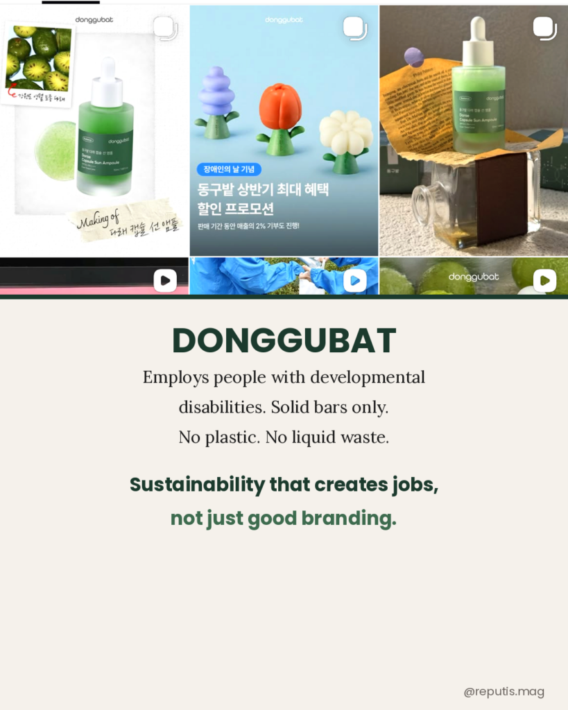 Donggubat brand slide. Top half shows vivid photos from donggubat_story Instagram — green capsule sun ampoule products, colorful tulip-shaped solid bars, and kraft paper packaging. Green divider separates photo from cream background text. Text reads 'DONGGUBAT — Employs people with developmental disabilities. Solid bars only. No plastic. No liquid waste. Sustainability that creates jobs, not just good branding.