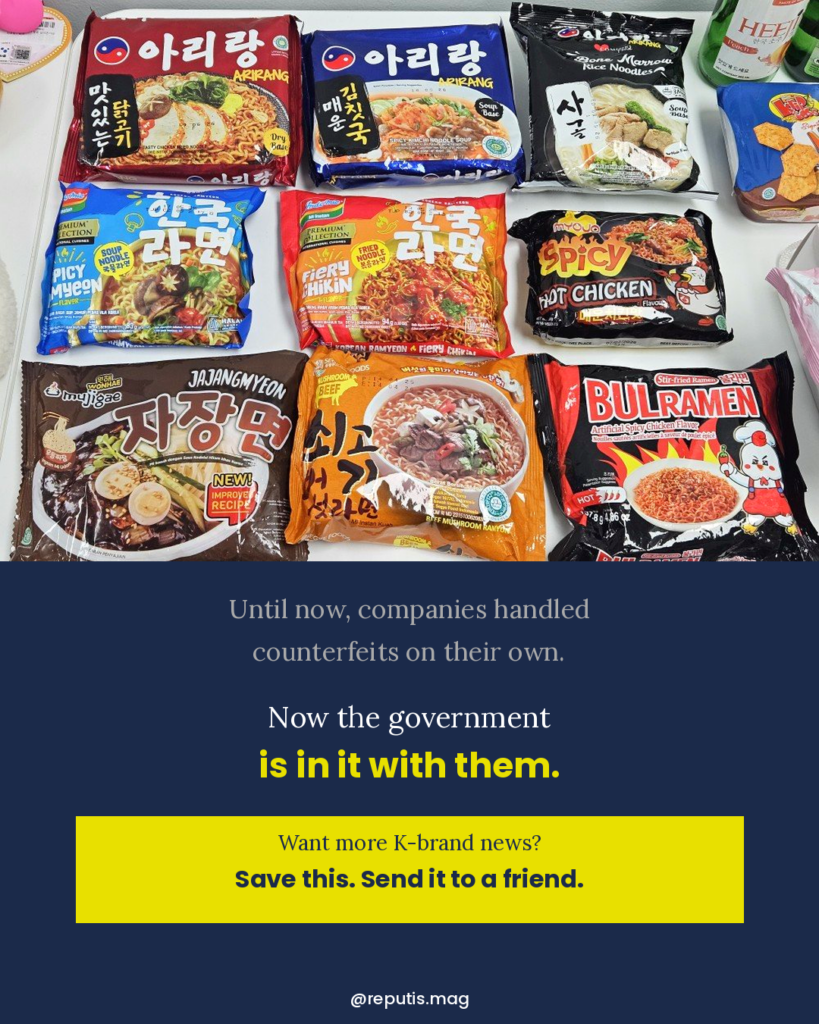 Large vivid photo of counterfeit Korean-style ramen packages — brands like Arirang, Bulramen, Picy Myeon, and Fiery Chikin filling the top 55% of the slide. Navy background below with text: 'Until now, companies handled counterfeits on their own. Now the government is in it with them.' Bright neon yellow CTA block reads: 'Want more K-brand news? Save this. Send it to a friend.' @reputis.mag at bottom in white.