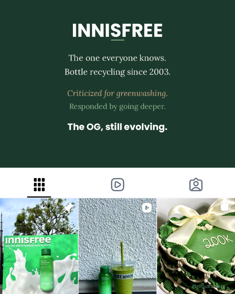 Innisfree brand slide with dark forest green background. Text reads 'INNISFREE — The one everyone knows. Bottle recycling since 2003. Criticized for greenwashing. Responded by going deeper. The OG, still evolving.' Bottom half shows vivid photos from innisfreeusa Instagram — green tea products, Erewhon collaboration, and 200K celebration cake.