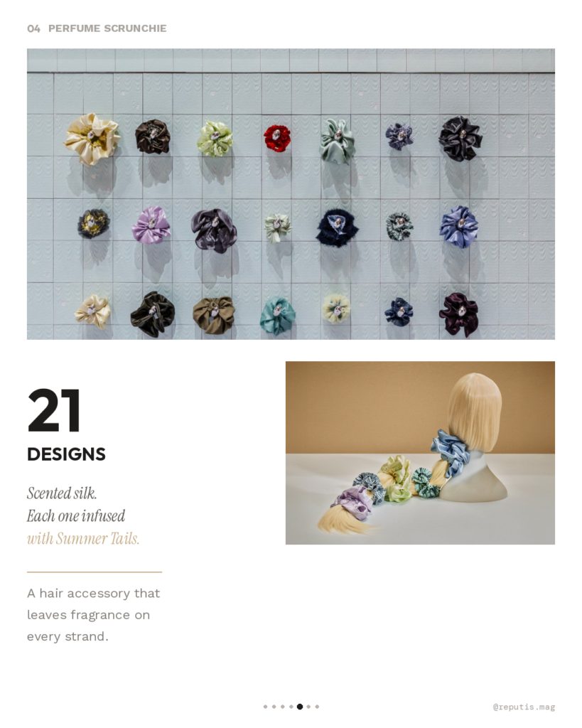 Wall display of all 21 Perfume Scrunchie designs in various colors and fabrics, alongside a mannequin head with blonde hair adorned with colorful scrunchies.