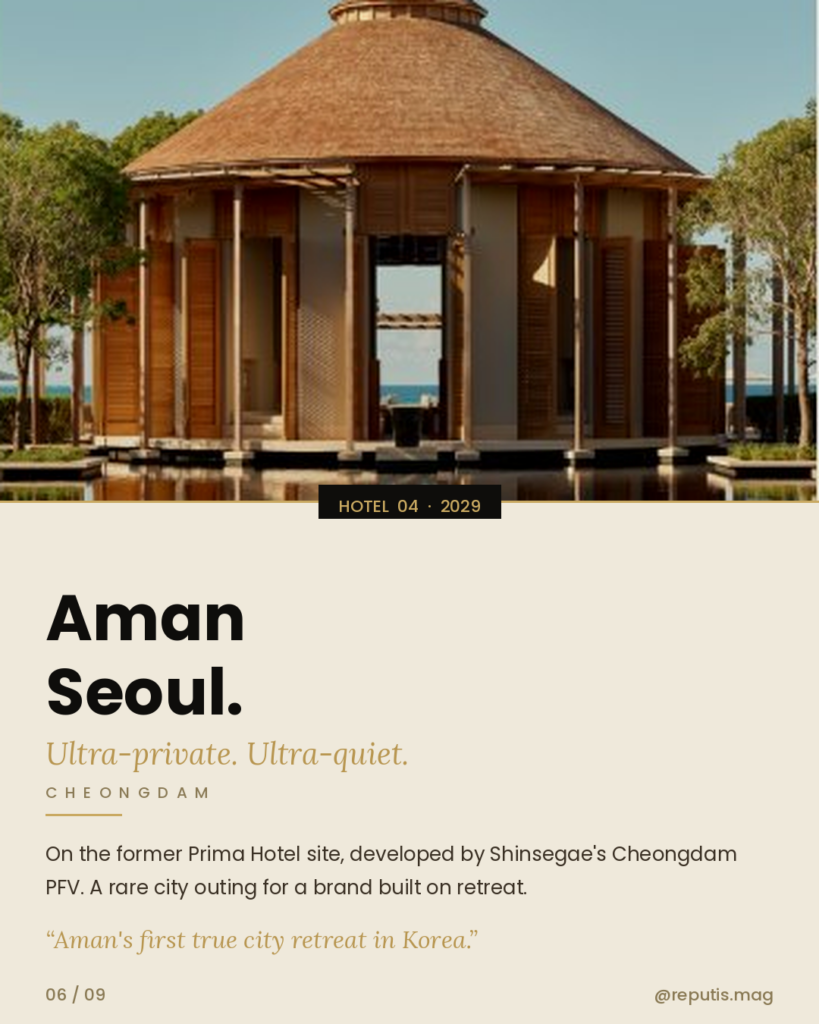 Full-bleed hero photo of an Aman pavilion with a thatched roof, set on a reflecting pool so the structure mirrors perfectly in still water. Trees frame both sides; the sea glows through the pavilion's open center. Black pill label 'HOTEL 04 · 2029'. Below: 'Aman Seoul.' with gold italic subtitle 'Ultra-private. Ultra-quiet.' Location: CHEONGDAM. Body: 'On the former Prima Hotel site, developed by Shinsegae's Cheongdam PFV. A rare city outing for a brand built on retreat.' Pull quote: 'Aman's first true city retreat in Korea.