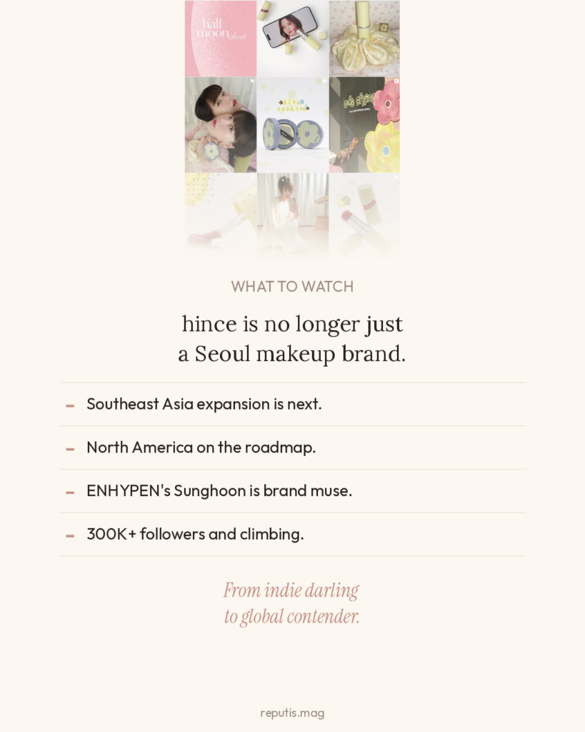 hince cosmetics product lineup including Half Moon Cheek blush and lip products in signature muted pink tones
