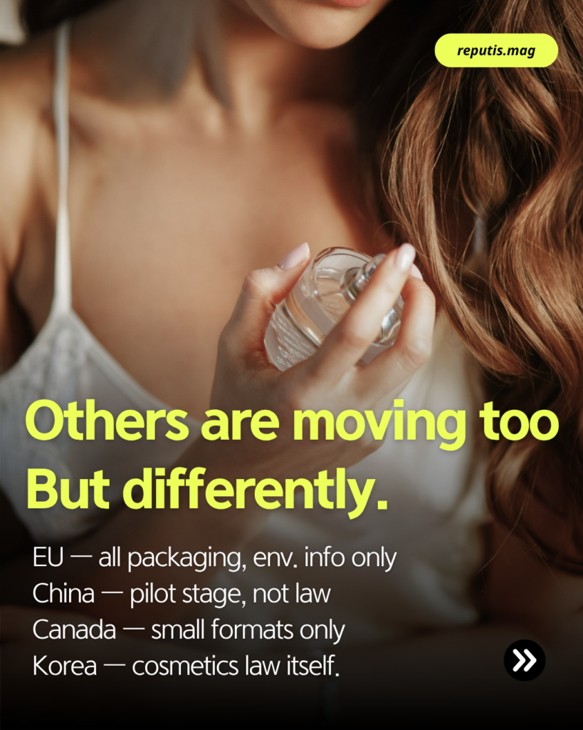 Comparison of global cosmetics labeling approaches — EU, China, Canada versus South Korea's cosmetics law reform.