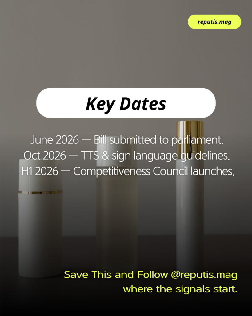Key dates for South Korea's cosmetics e-label legislation — June 2026 bill submission, October 2026 accessibility guidelines, H1 2026 competitiveness council launch.