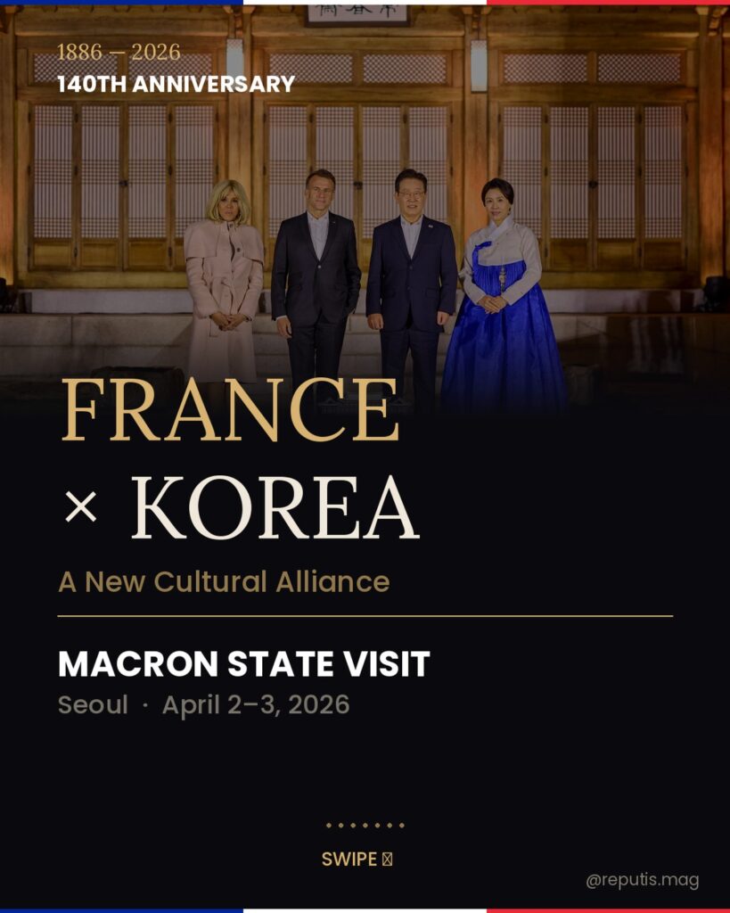 Emmanuel Macron Visits Korea. Presidential couples standing before Sangchunjae pavilion at the Blue House. Text reads France x Korea, A New Cultural Alliance, Macron State Visit, Seoul April 2-3 2026.
Caption: The two presidential couples at Sangchunjae, Blue House. April 2, 2026. Credit: Blue House
Description: Cover image for the Macron Korea state visit carousel. Shows the Sangchunjae group photo with headline typography announcing the 140th anniversary cultural alliance.