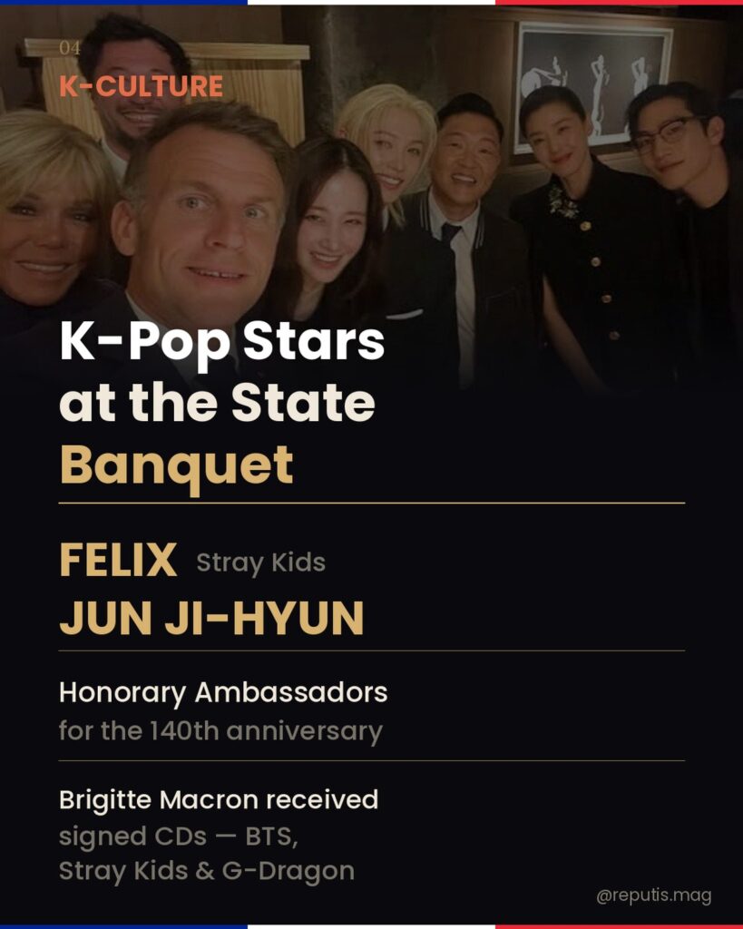Group selfie photo with Macron and Korean cultural figures. Text reads K-Pop Stars at the State Banquet, Felix Stray Kids, Jun Ji-hyun, Honorary Ambassadors for the 140th anniversary.
Caption: Macron with Korean cultural figures at the state dinner. Credit: SNS
Description: Slide featuring the selfie photo from the state dinner, highlighting Felix and Jun Ji-hyun as Honorary Ambassadors and Brigitte Macron receiving signed K-pop CDs.