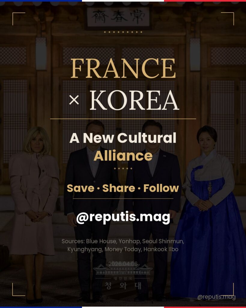 Closing slide with faded Sangchunjae group photo as background. Text reads France x Korea, A New Cultural Alliance, Save Share Follow, @reputis.mag. Sources listed.
Caption: 140 years of history. Two cultural powerhouses. A new alliance. @reputis.mag
Description: Closing slide with call to action and source credits, using the Sangchunjae group photo as a darkened background.