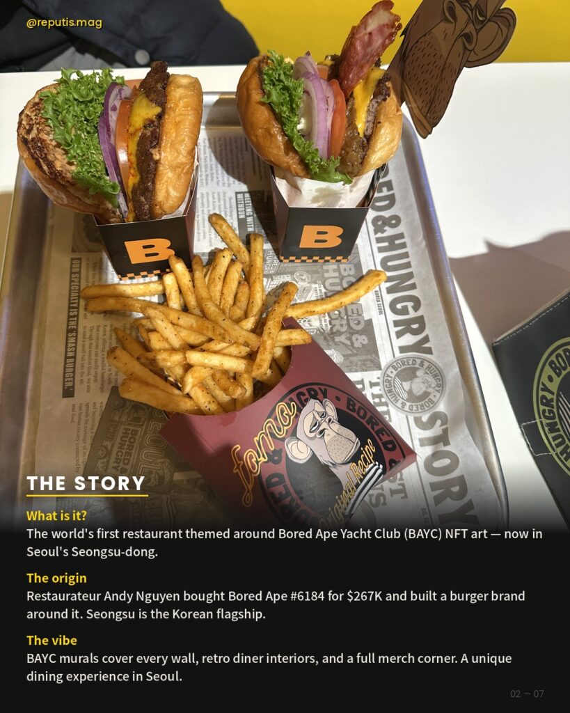 Interior of Bored & Hungry Seongsu showing a crowded dining room with yellow chairs, checkered floors, and a large colorful BAYC mural covering the back wall. Text section below explains the restaurant's origin — founded by Andy Nguyen who purchased Bored Ape #6184 for $267K.