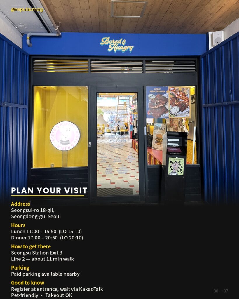 Blue-framed entrance of Bored & Hungry Seoul location with the Bored Ape logo on the window and "Bored & Hungry" signage. Visit information listed below including address, hours, transit directions, and tips.