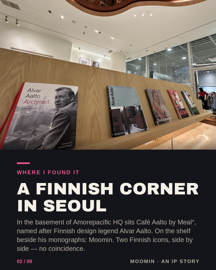 A row of design books including Alvar Aalto monographs and Moomin titles on a café shelf in Seoul.-Moomin Business