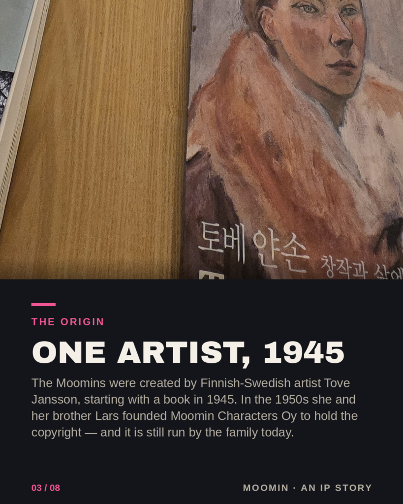 Book cover showing Tove Jansson's painted self-portrait in a fur-collared coat.-Moomin Business