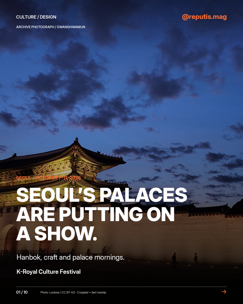 Illuminated Gwanghwamun at dusk with a headline introducing the K-Royal Culture Festival, October 7–11, 2026.